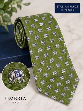 Italian Made Silk Elephant Print Tie Green Blue Novelty Animal Tie